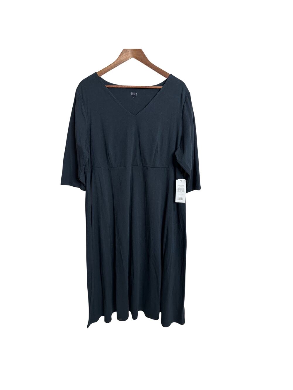 Eileen Fisher Organic Cotton Lycra V Neck Midi Dress Black 1X Jersey Knit NWT